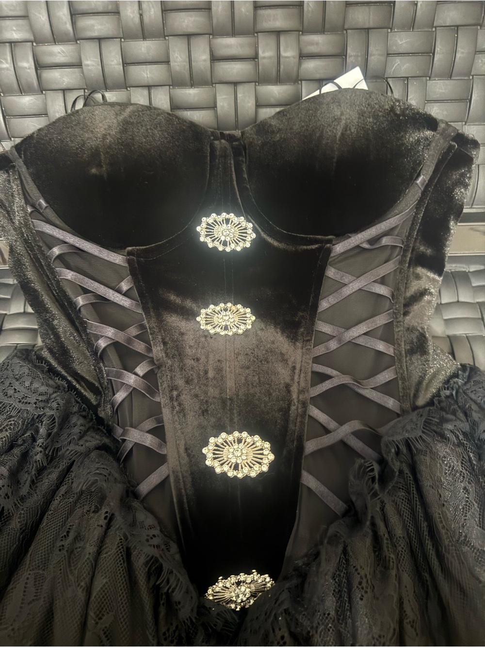 Black Velvet Corset Tulle Top with Decorative Brooches Ren Fest Costume NEW